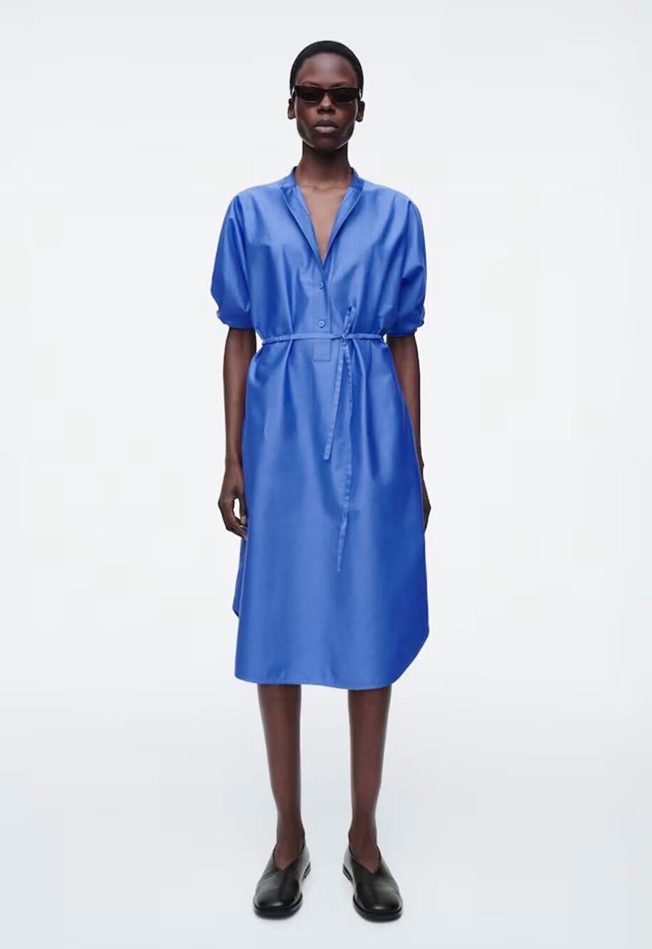 COS Dress Women 10 Blue Midi Shirtdress Belted Modern Career Office Contemporary